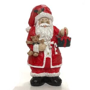 VTG Carved Look Christmas Santa Figurine With Teddy Candy Cane And Present